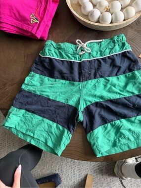 Izod Men's Green & Navy Striped Athletic Shorts